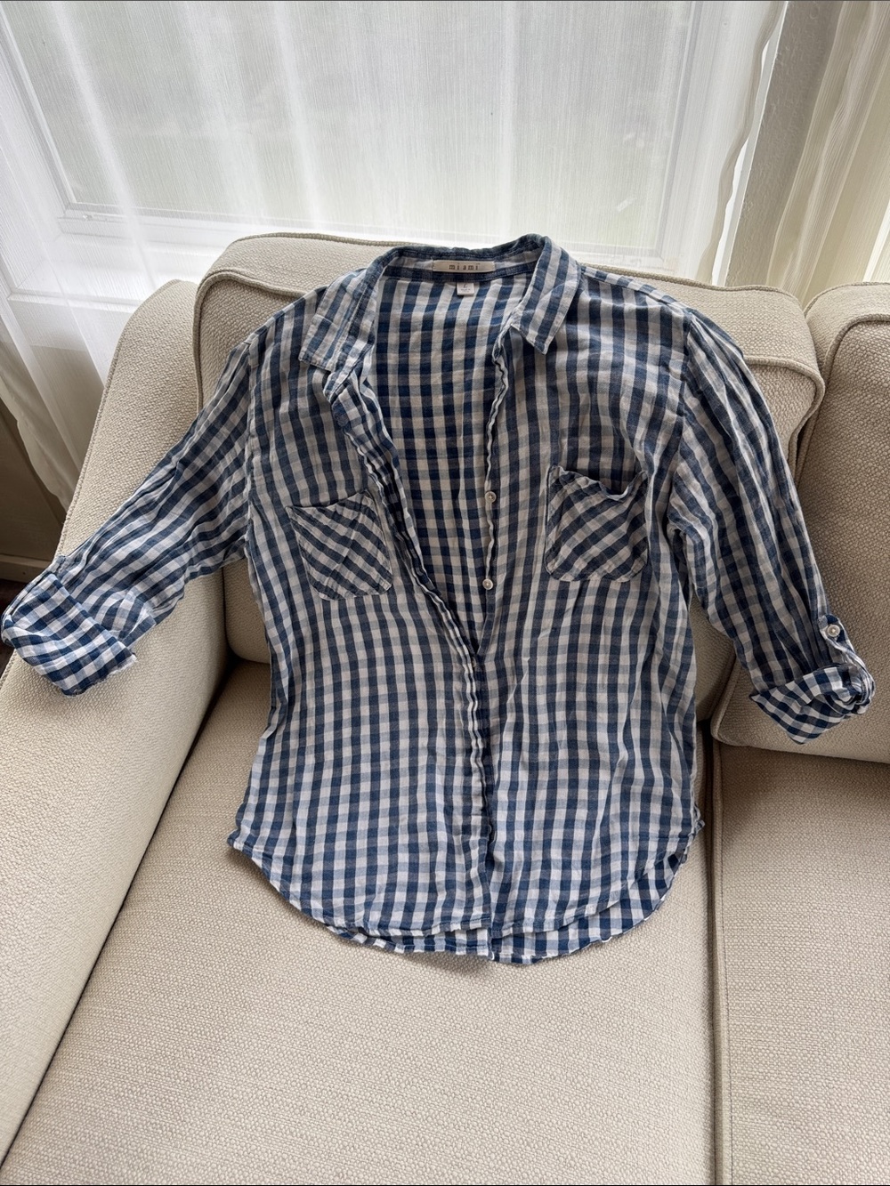 miami Blue and White Gingham Button-Up Shirt